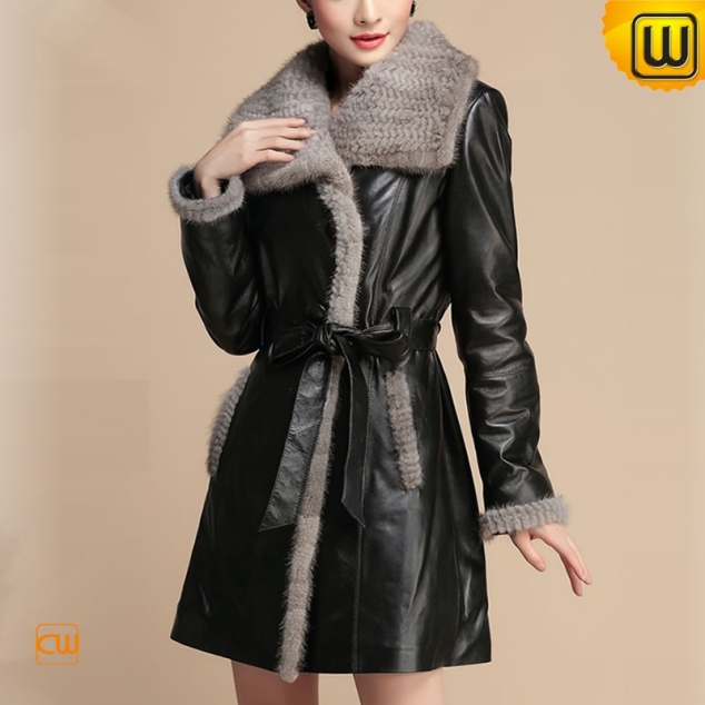 Mink Fur Trimmed Leather Coat for Women CW630310