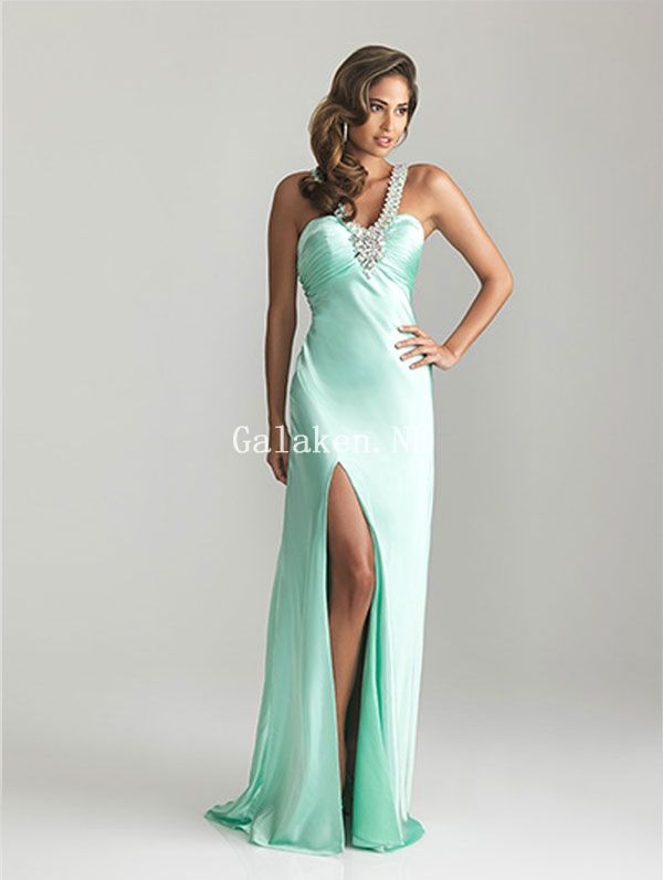 Mint Elastisch Satijn Beading Lovertjes Split Front Vloer Lengte Galajurken