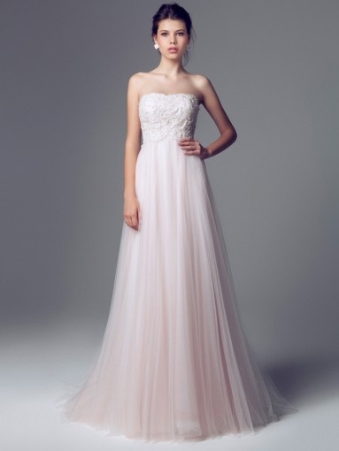 Modern A Line Strapless Floor Length Pink Tulle Wedding Dress