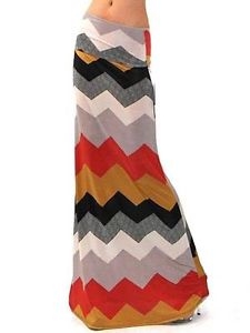 MULTI COLORED ZIGZAG PATTERN FOLDOVER LONG JERSEY CASUAL MAXI SKIRT