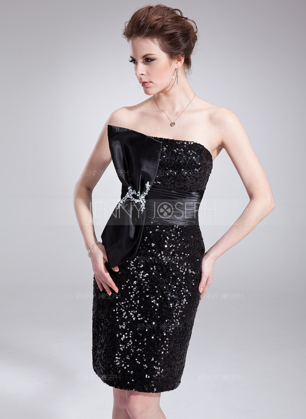 Nauwaansluitend Strapless Knie-Length Charmeuse Lovertjes Cocktailjurk met Roes Kraalwerk Strik
