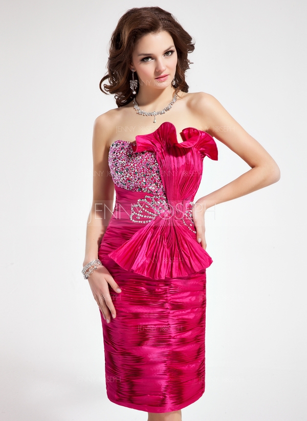 Nauwaansluitend Sweetheart Knie-Length Taft Cocktailjurk met Kraalwerk Pailletten Strik(ken) Plooiro