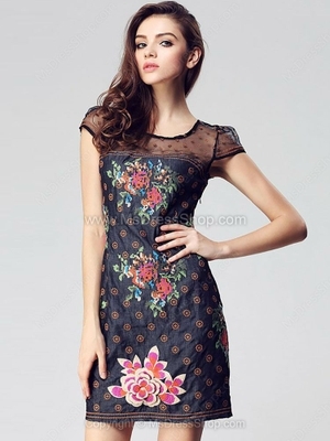 navy contrast mesh yoke embroidery dress for hpl