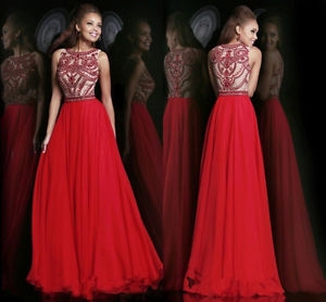 New Red Boat Neck Long Pageant Evening Prom Ball Bridal Party Gown Wedding Dress                    