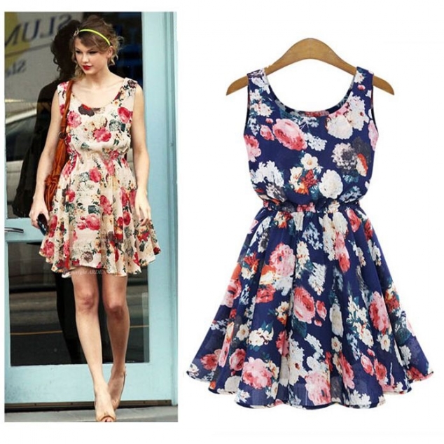 New Women Chiffon Dress Summer Casual Floral Printing Mini Dress Princess Dress