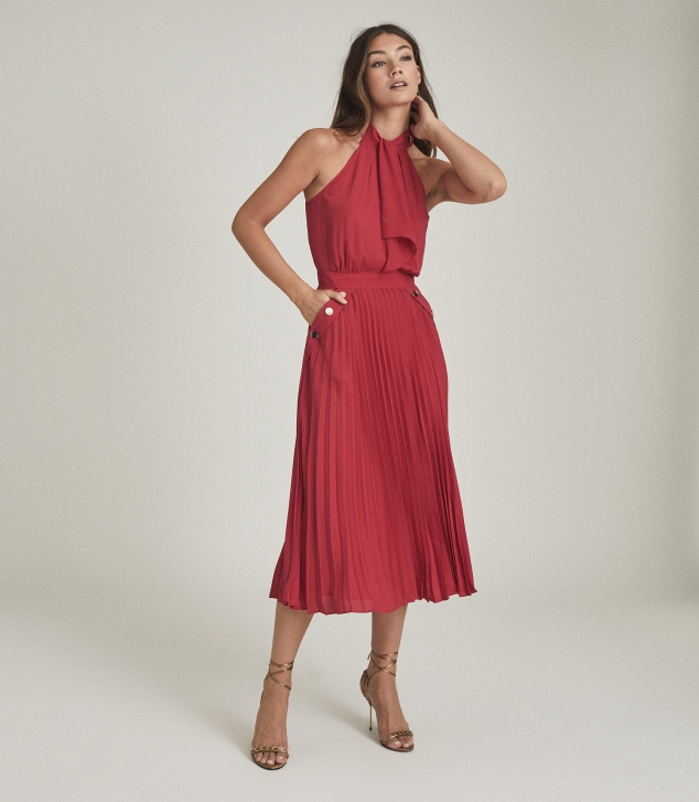 Nina Halterneck Pleated Midi Dress