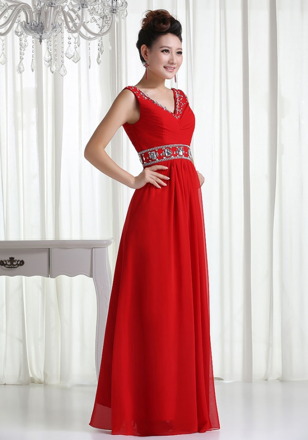 Noble Plunging Neck Rhinestoned and Sequins Design Women's Brush Train Chiffon Prom Dress