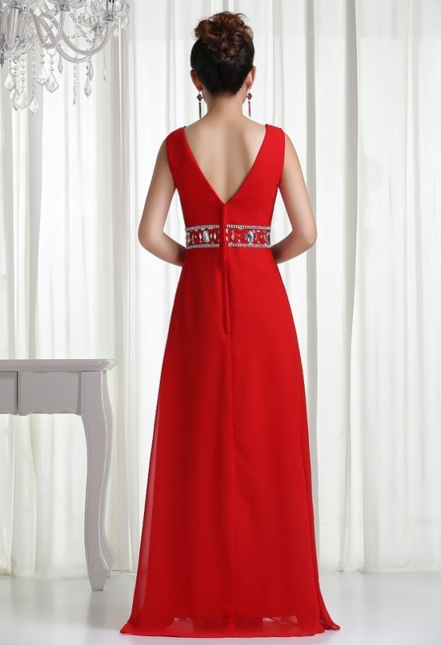 Noble Plunging Neck Rhinestoned and Sequins Design Women's Brush Train Chiffon Prom Dress - Image 2