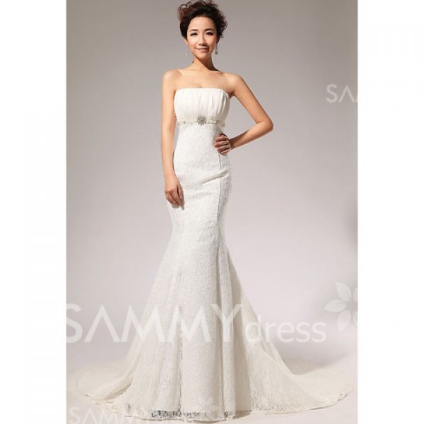 Noble Strapless Rhinestoned Beading Waist Design Women's Backless Mermaid Lace Wedding Dress