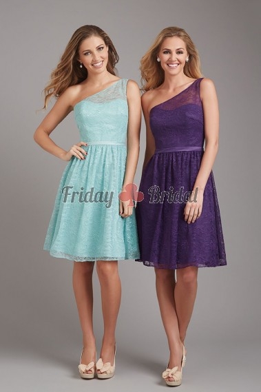 One Shoulder Neckline Lace Bridesmaid dress With slim Waistband