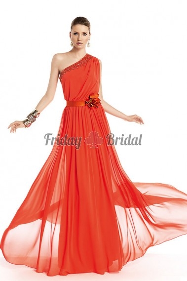 One Shoulder Neckline With Beaded Trim Floral Belt Red Evening Gown