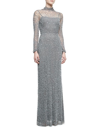 Open Back Long-Sleeve Beaded Gown,Turtle Dove Gray