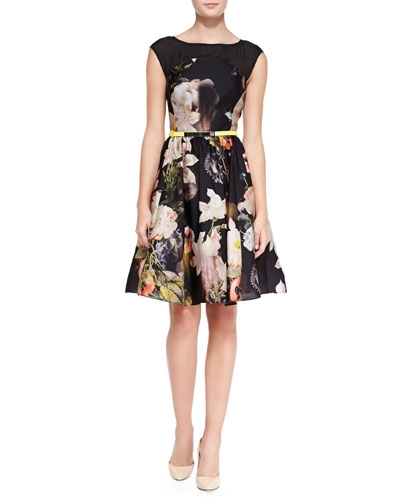 Opulent Bloom-Print Fit-and-Flare Dress, Black