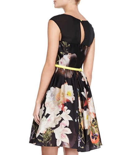 Opulent Bloom-Print Fit-and-Flare Dress, Black - Image 2
