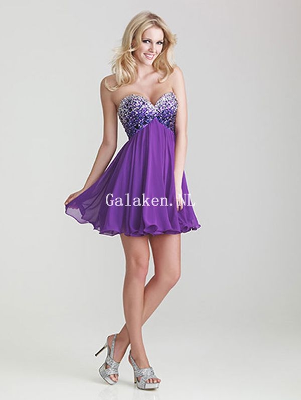 Paarse Chiffon Beading Lovertjes Korte/Mini Galajurken