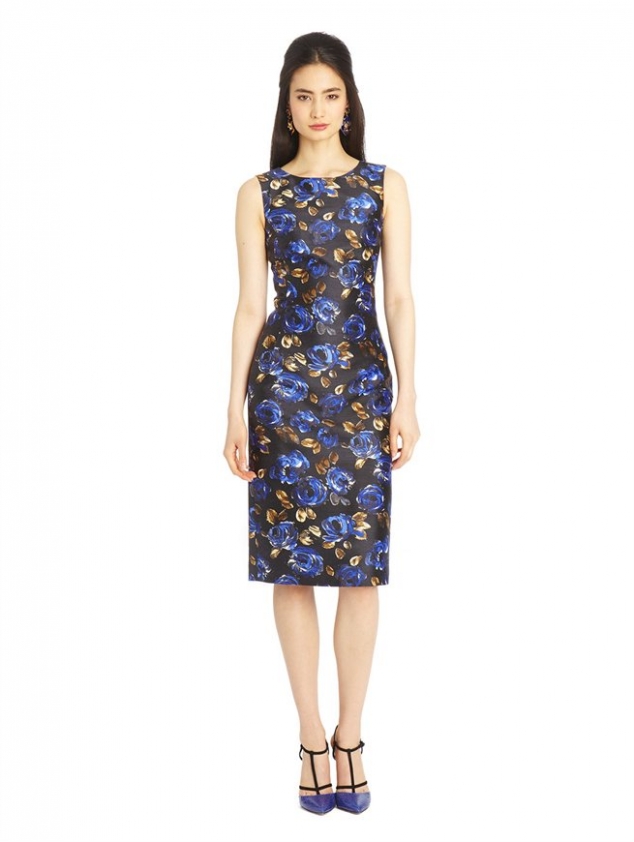 PAINTED ROSE PRINT MIKADO PENCIL DRESS