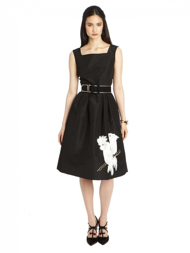 PARROT EMBROIDERED SILK FAILLE DRESS WITH SELF BELT