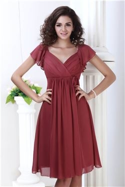 Perfect Ruched A-line Empire Waist V-neck Capped Short-sleeves Short Bridesmaid Dress 