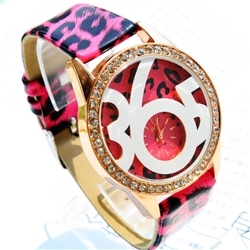 Pink Leopard Print Wrist Watch with Crystal 