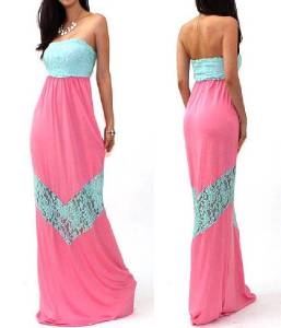 Pink Mint Strapless Chevron Sheer Floral Laced Rayon Knit Summer Maxi Dress S