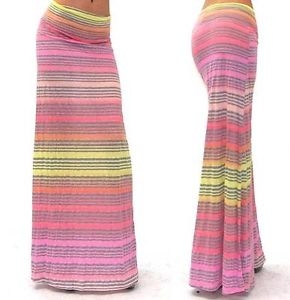PINK YELLOW STRIPED CASUAL LIGHTWEIGHT RAYON KNIT FOLD OVER MAXI SKIRT