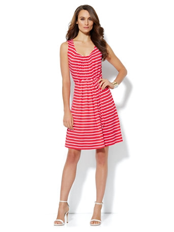 PLEAT-NECK STRIPE DRESS