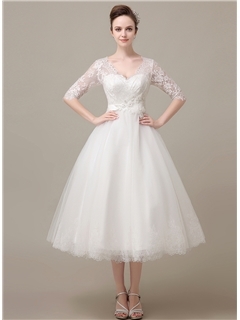 Pretty Half Sleeves Lace V-Neck Wedding Dress