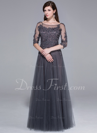 Princesový Kruhový výst?ih Délka na zem Tulle Ve?erní šaty S Lace Zdobení korálky (017025440)