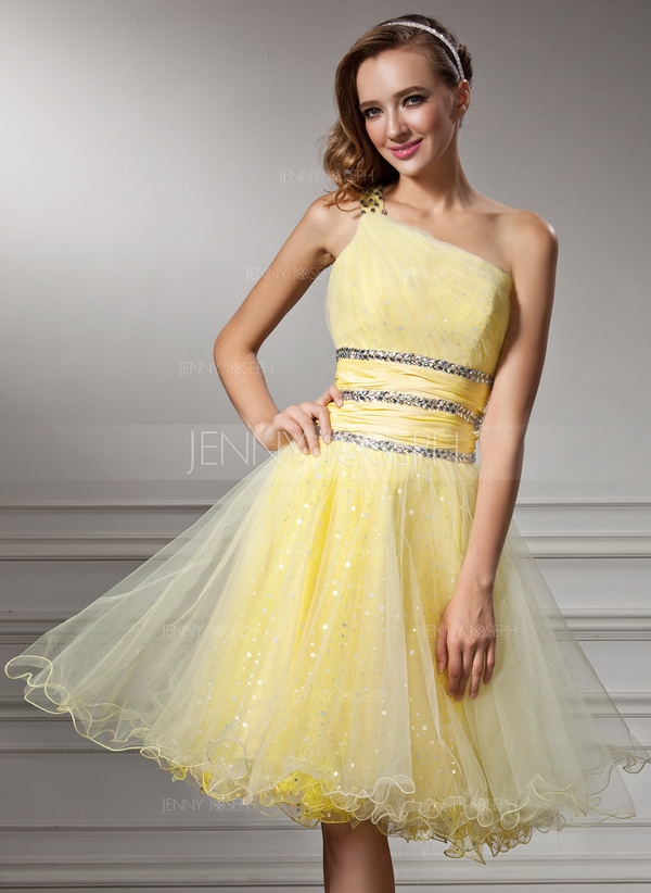 Princess-Linie One-Shoulder-Träger Knielang Taft Tüll Ballkleid mit Rüschen Perlen verziert Paillett