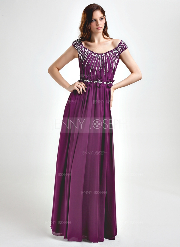 Princess-Linie Schulterfrei Bodenlang Chiffon Abendkleid mit Rüschen Perlen verziert