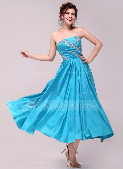Princess Strapless Ankle-Length Taffeta Prom Dress With Ruffle 