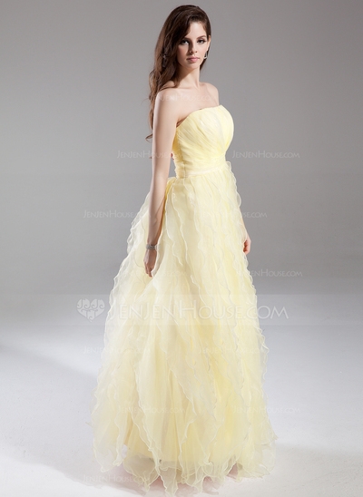 Princess Strapless Floor Length Organza Prom Dress
