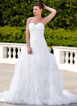 Princess Sweetheart Chapel Train Taffeta Tulle Wedding Dress With Ruffle Lace Beading