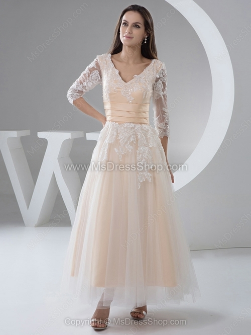 Princess V-neck Tulle Satin Ankle-length Lace Wedding Dresses