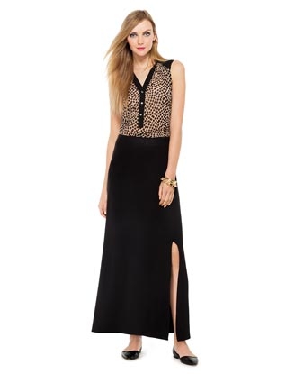 Printed Mesh Layering Top&Knit Maxi Skirt