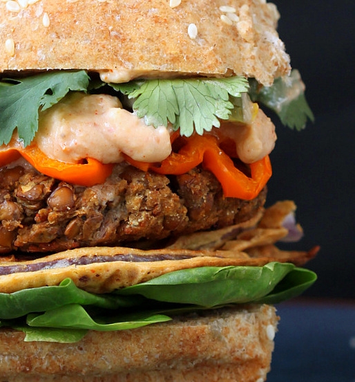Red Lentil Cauliflower Burger with Chipotle Habanero Mayo, Onion Rings, Roasted peppers. - Image 2