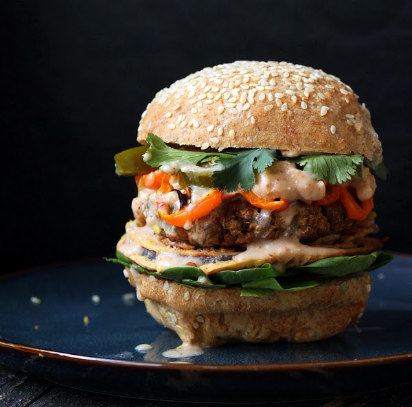 Red Lentil Cauliflower Burger with Chipotle Habanero Mayo, Onion Rings, Roasted peppers.