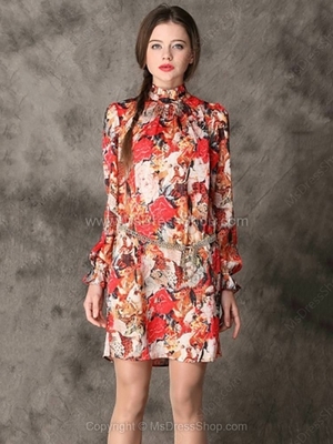 Red Long Sleeve Animal Print Floral Chain Dress for HPL