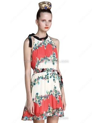 Red Sleeveless Floral Print Chiffon Belt Shift Boho Dress for HPL