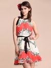 Red Sleeveless Floral Print Chiffon Belt Shift Boho Dress for HPL - Image 3