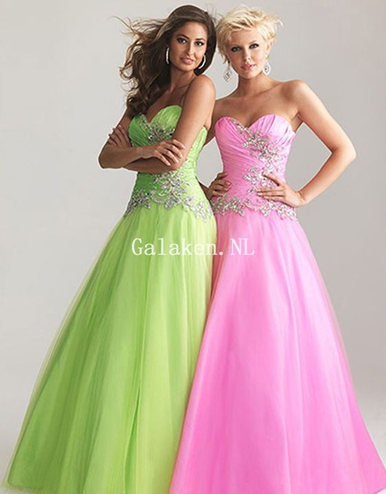 Roze Lime Groene Sweetheart A-line Organza Kralen Lange Galajurken