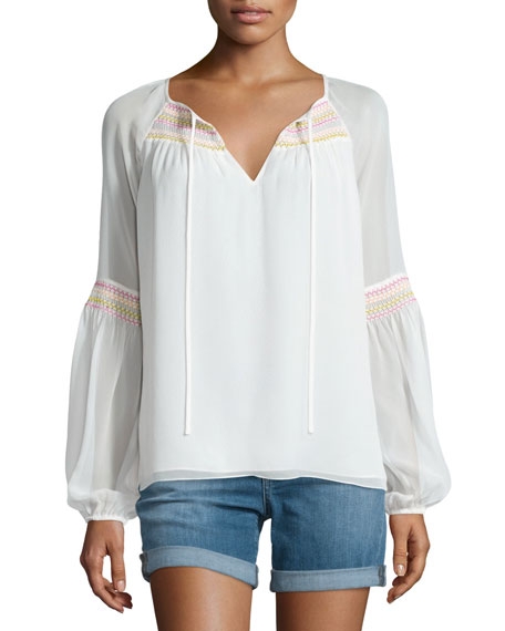 Sammy Embroidered Long-Sleeve Silk Top