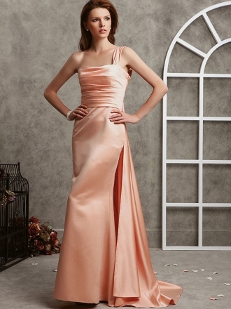 Satin Eine Schulter Mantel / Spalte Abendkleid mit geraffte