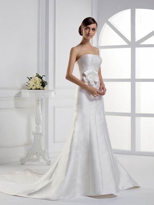 Satin Natural Waist Mermaid Strapless Floor Length Chapel Train Wedding Dress