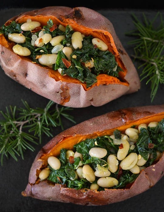Savory Stuffed Sweet Potatoes with White Beans and Kale