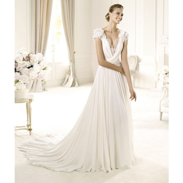 Sexy A-line V-neck Lace Short Sleeves Rouching Chiffon Wedding Dresses