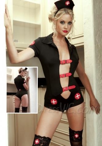 Sexy Black Coquette Strapless Nurse Costumes with Stocking XY6048