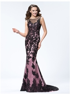 Sexy Keyhole Black Lace Mermaid Backless Scoop Neckline Court Train 
