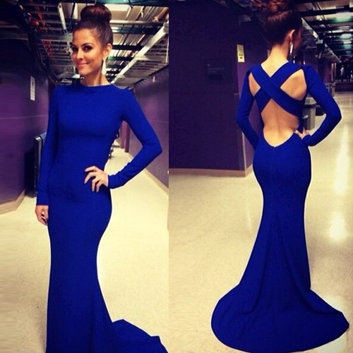 Sexy O Neck Long Sleeves Crossed Backless Blue Trailing Mermaid Bandage Dress For Women
