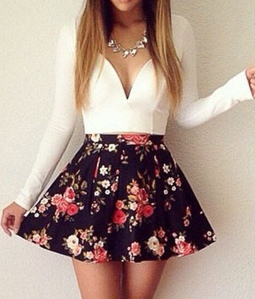 Sexy Plunging Neck Long Sleeve Floral Print Dress